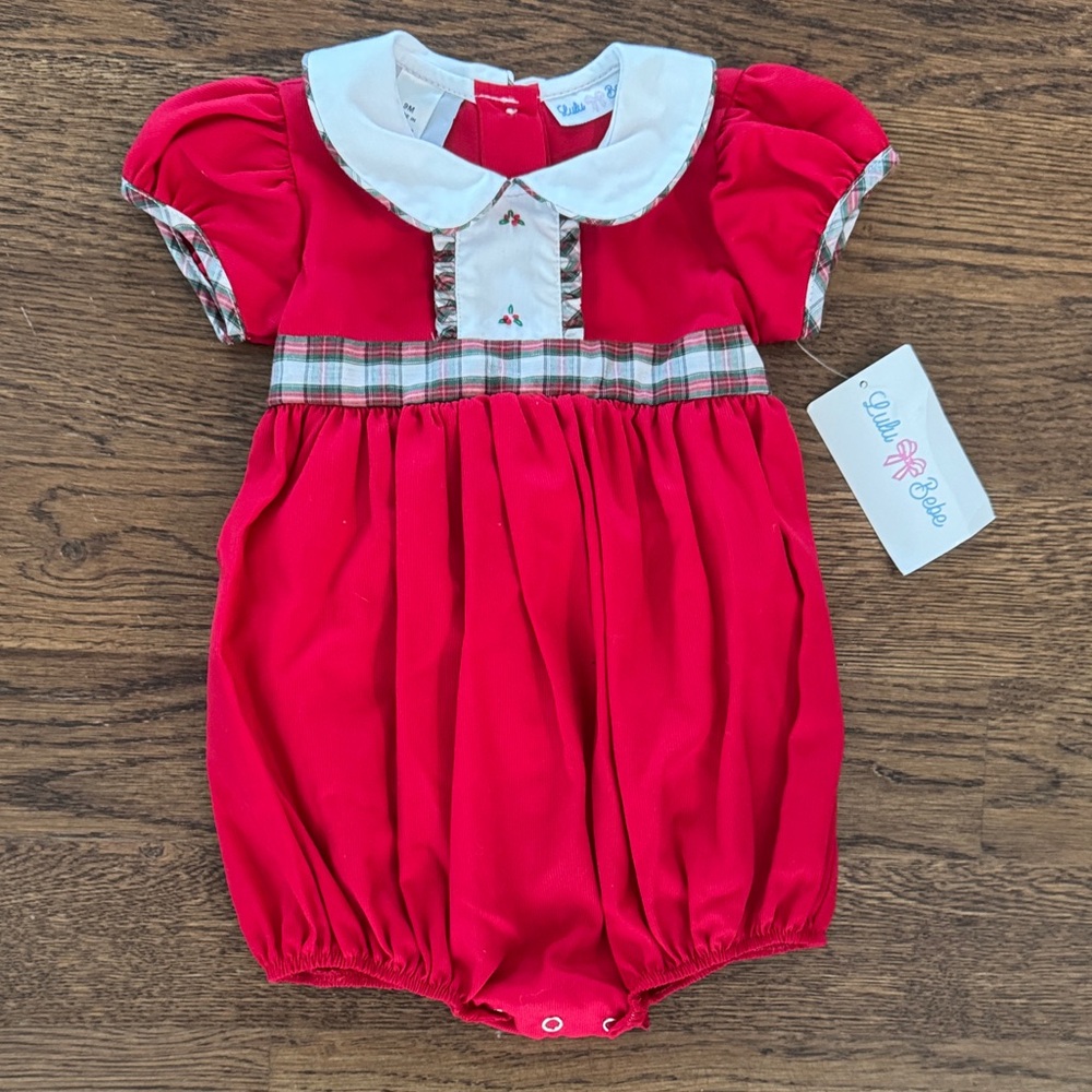 Lule Bebe Smocked Christmas Embroidered Red Baby Bubble Romper New With Tags